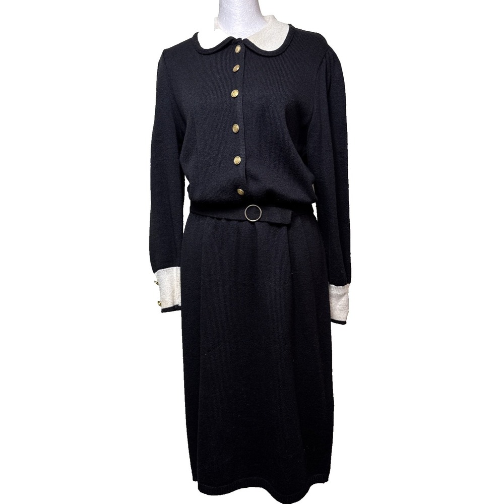 Vtg 80s Vivanti Saks Fifth Avenue Knit Dress Black White Peter Pan Collar 12